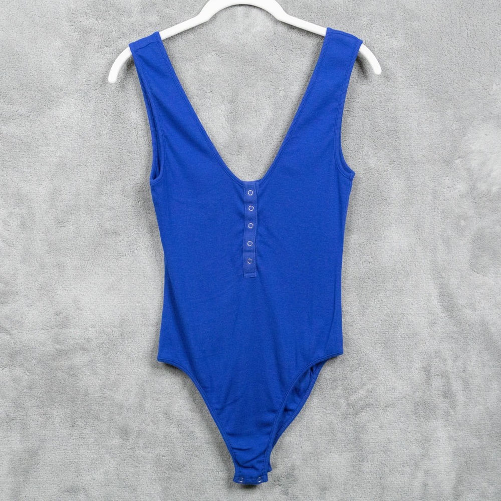 INTIMATELY FREE PEOPLE Larissa Deep V Henley Ribbed Knit Bodysuit Blue Sz M